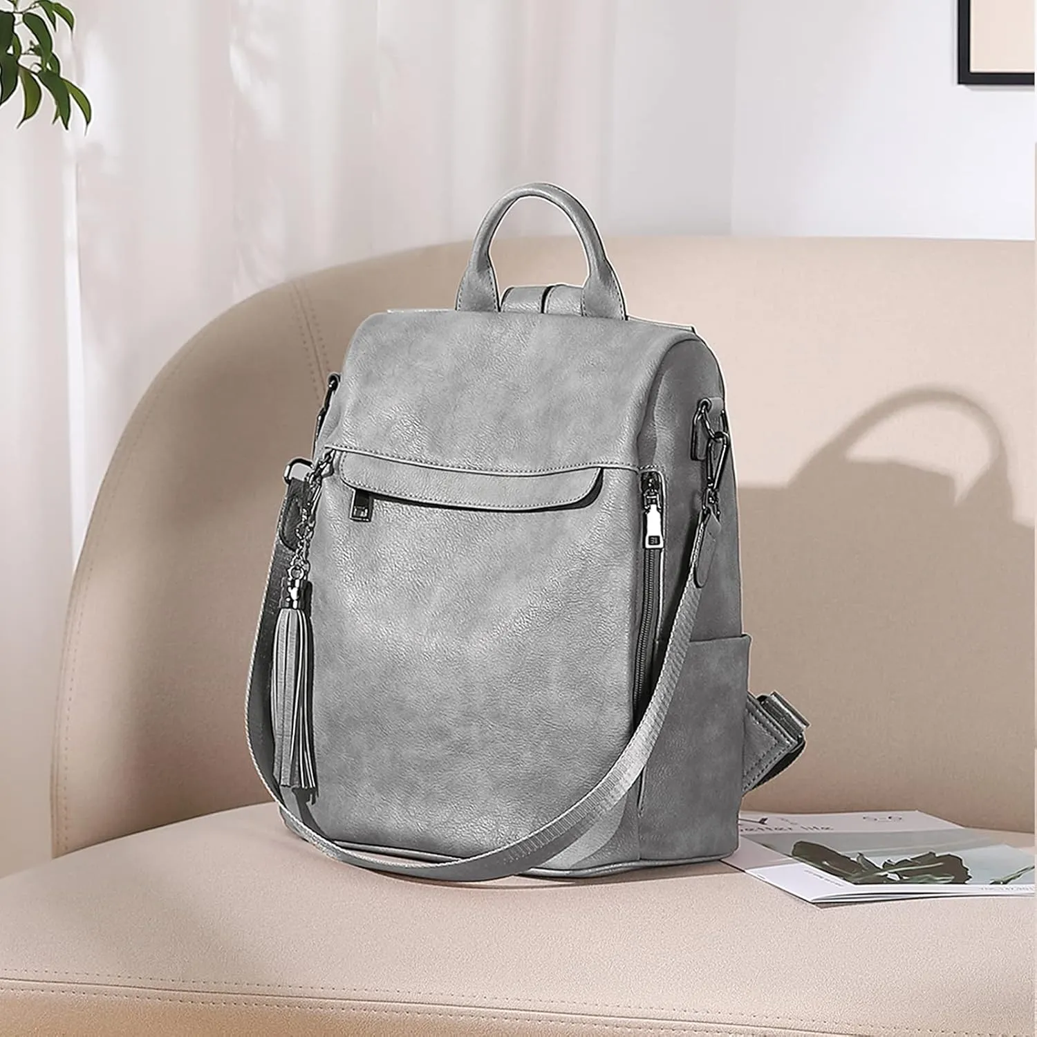 BROMEN Backpack Purse for Women Leather Anti-theft Travel Fashion Shoulder Bag Retro Grey