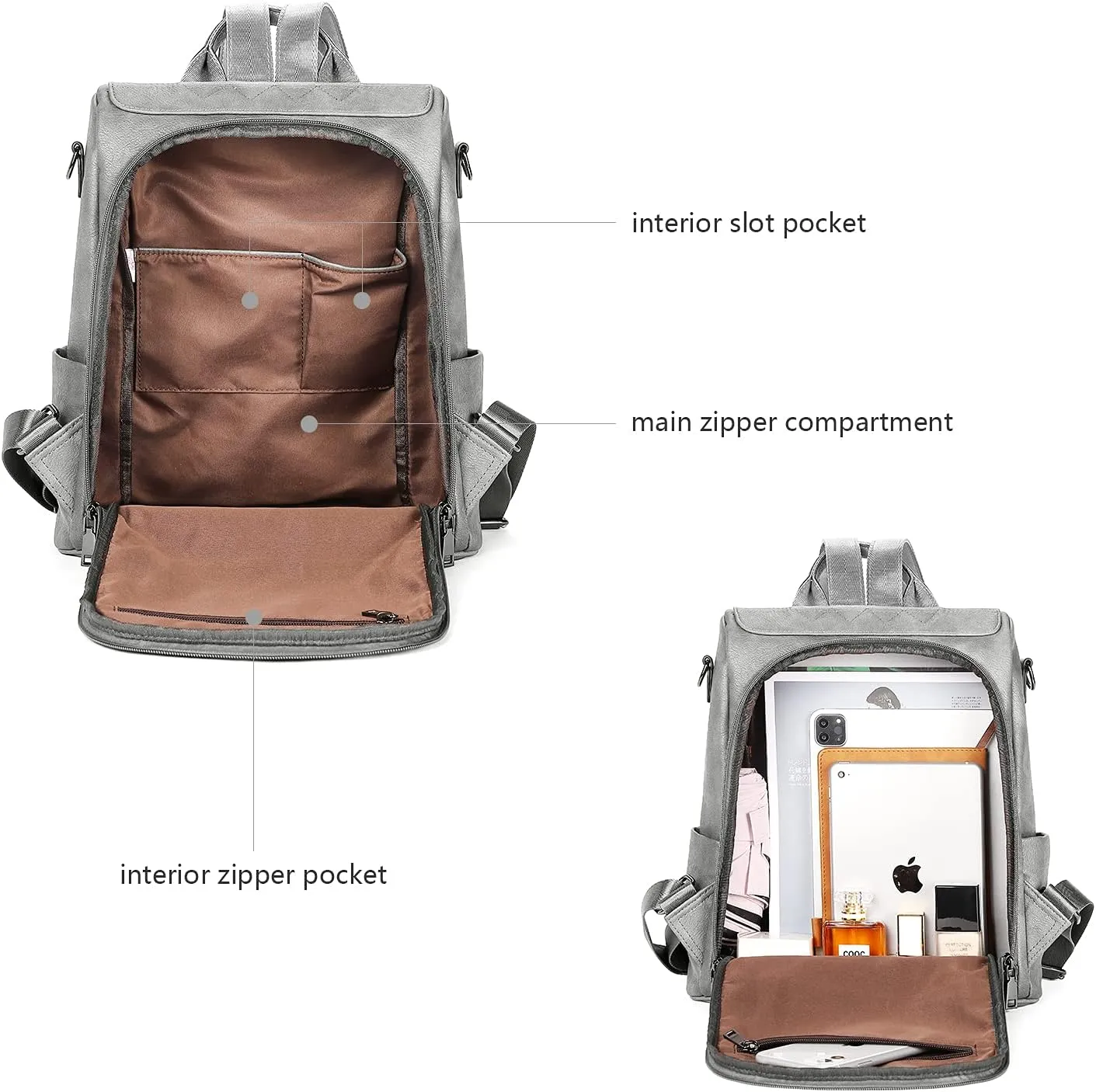 BROMEN Backpack Purse for Women Leather Anti-theft Travel Fashion Shoulder Bag Retro Grey