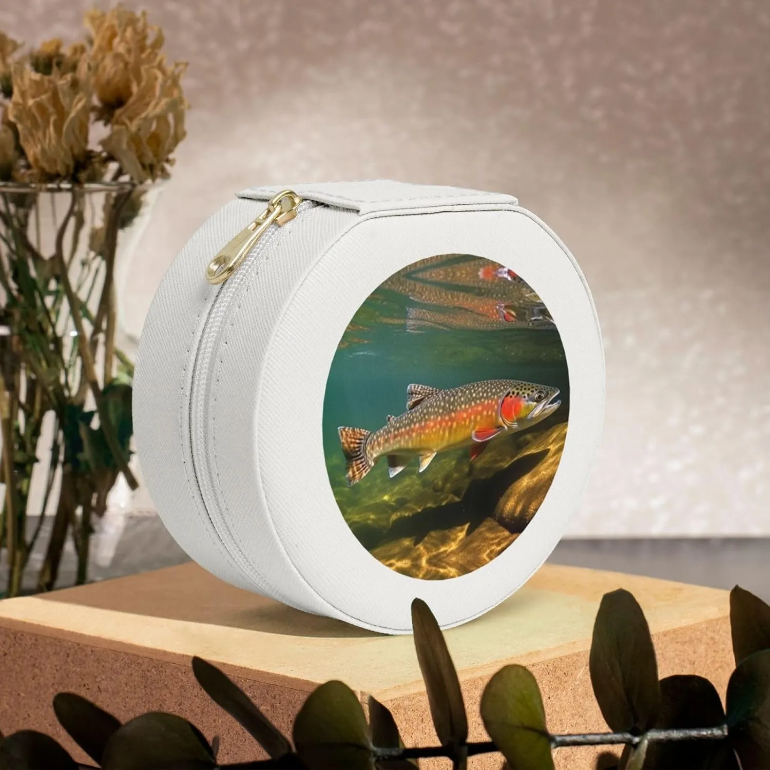 Brook Trout Fly Fishing Jewelry Case Small Jewelry Box Gift for Women Leather Travel Jewelry Organizer Round Storage Purse with Zipper Display Storage Box for Rings Earrings Necklaces