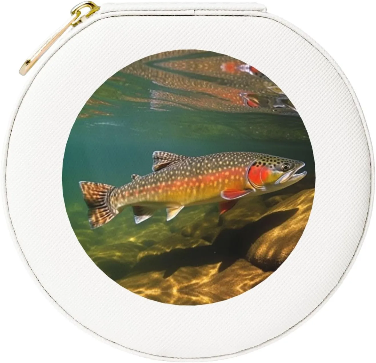 Brook Trout Fly Fishing Jewelry Case Small Jewelry Box Gift for Women Leather Travel Jewelry Organizer Round Storage Purse with Zipper Display Storage Box for Rings Earrings Necklaces