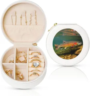 Brook Trout Fly Fishing Jewelry Case Small Jewelry Box Gift for Women Leather Travel Jewelry Organizer Round Storage Purse with Zipper Display Storage Box for Rings Earrings Necklaces