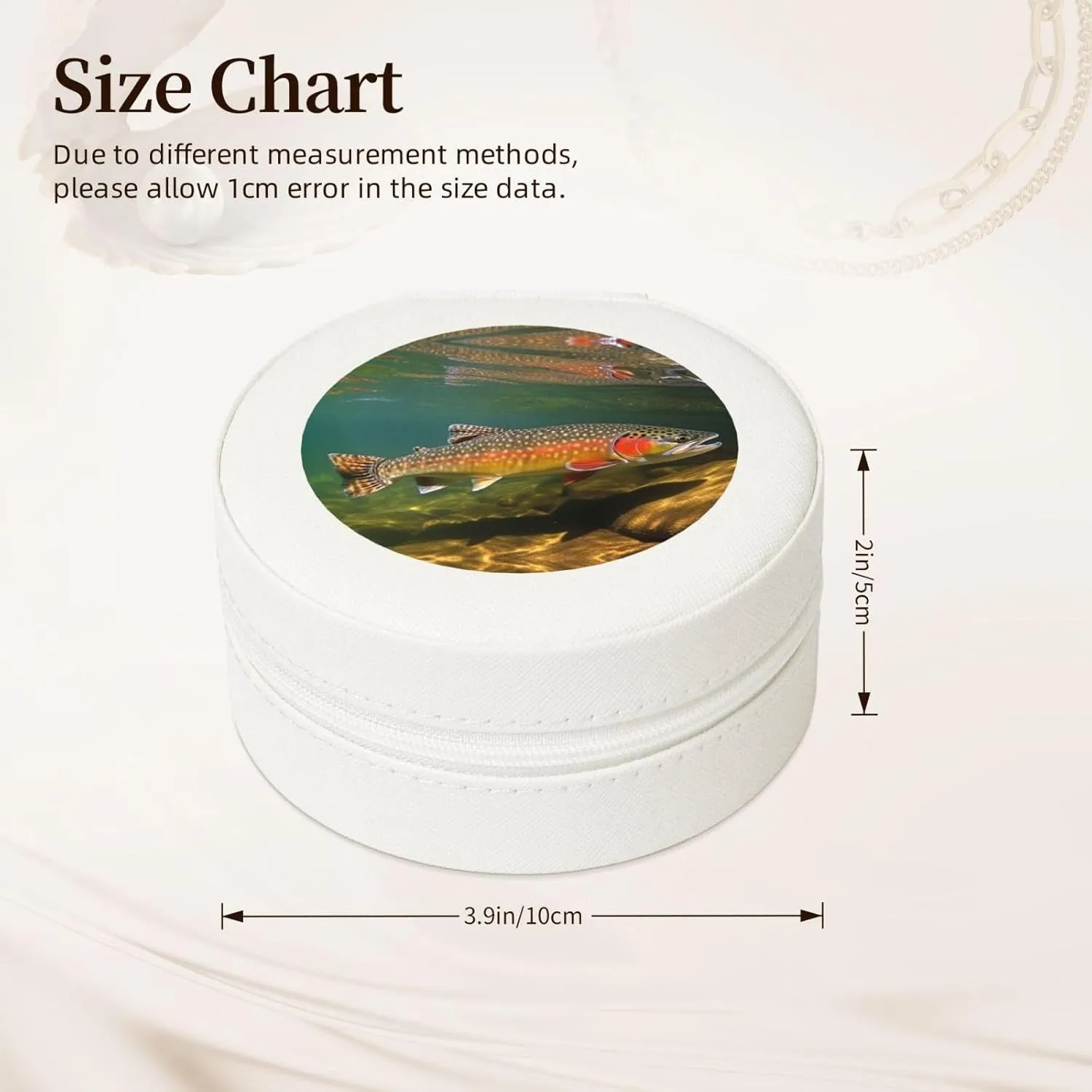 Brook Trout Fly Fishing Jewelry Case Small Jewelry Box Gift for Women Leather Travel Jewelry Organizer Round Storage Purse with Zipper Display Storage Box for Rings Earrings Necklaces
