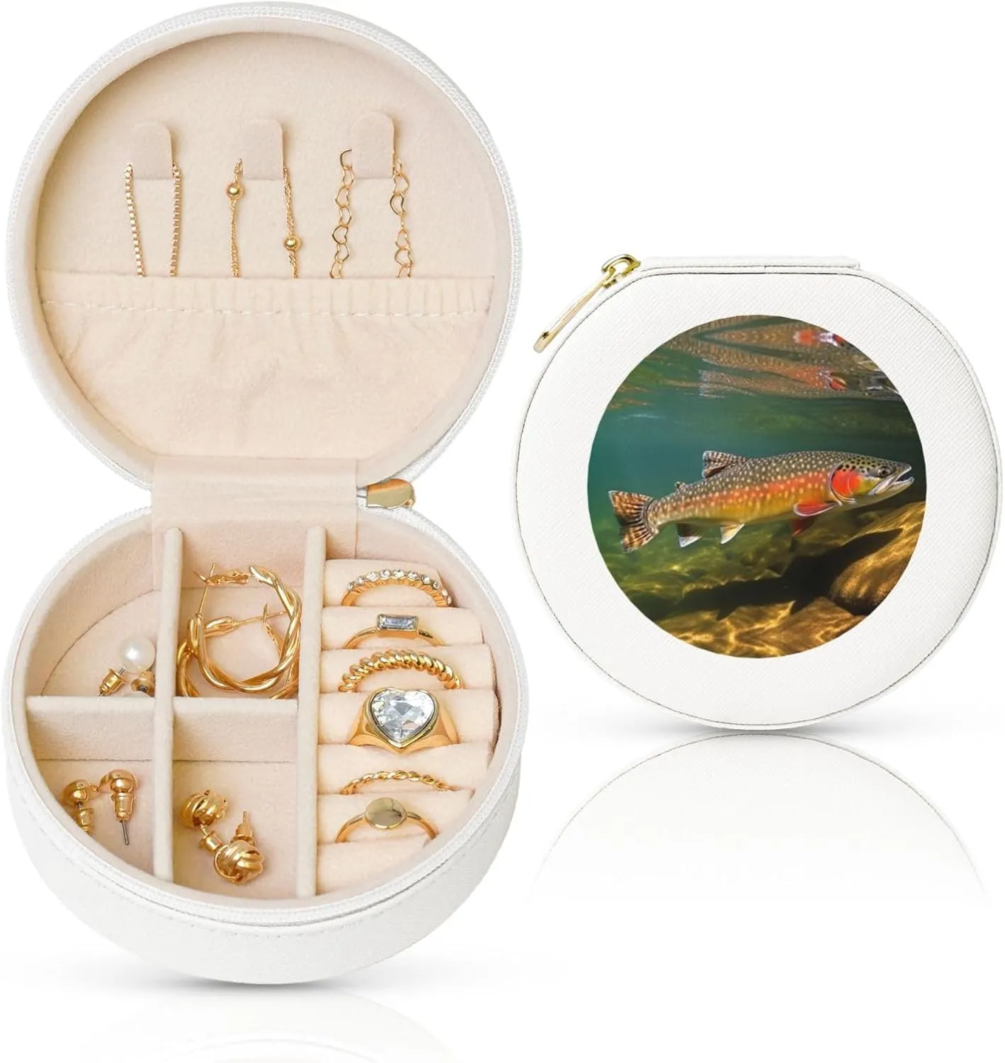 Brook Trout Fly Fishing Jewelry Case Small Jewelry Box Gift for Women Leather Travel Jewelry Organizer Round Storage Purse with Zipper Display Storage Box for Rings Earrings Necklaces