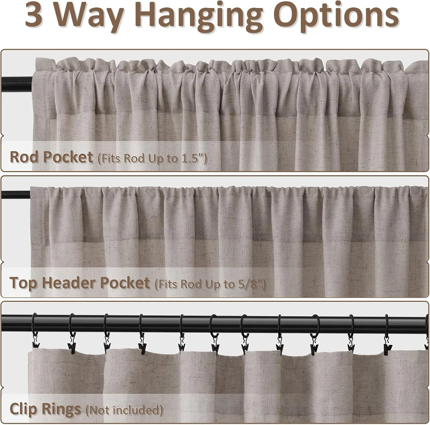 Brown Grey Linen Curtains 84 Inches Long 2 Panel Set Rod Pocket Semi Sheer Dining Room Cozy Bedroom Decor Cotton Look Country Rustic Farmhouse Boho Curtains 52x84