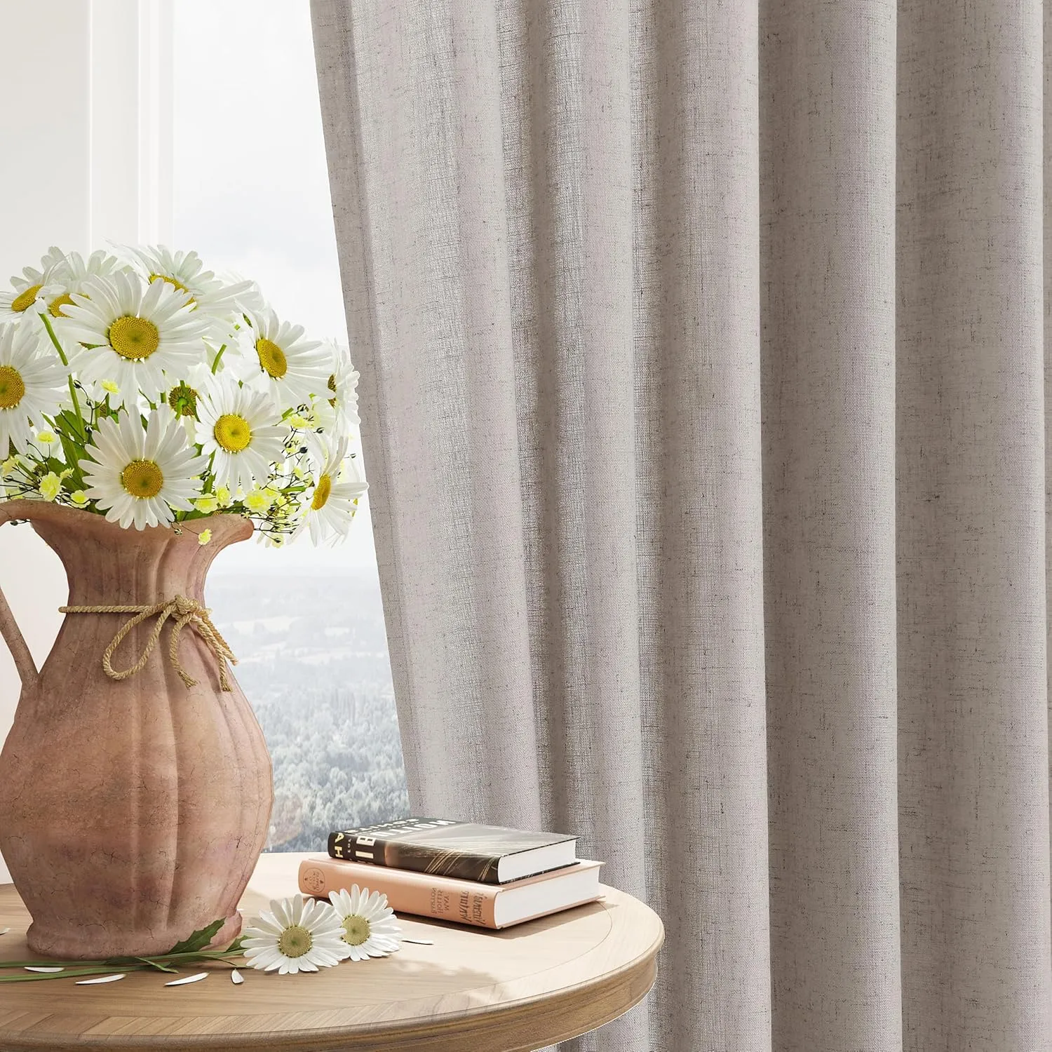 Brown Grey Linen Curtains 84 Inches Long 2 Panel Set Rod Pocket Semi Sheer Dining Room Cozy Bedroom Decor Cotton Look Country Rustic Farmhouse Boho Curtains 52x84