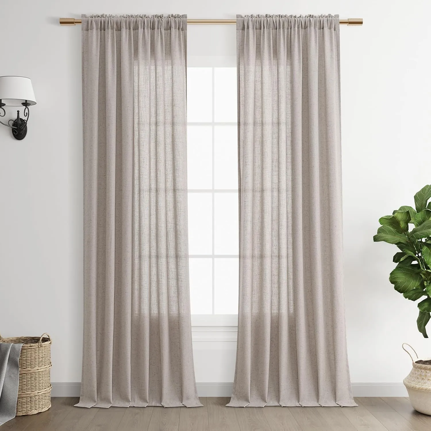 Brown Grey Linen Curtains 84 Inches Long 2 Panel Set Rod Pocket Semi Sheer Dining Room Cozy Bedroom Decor Cotton Look Country Rustic Farmhouse Boho Curtains 52x84