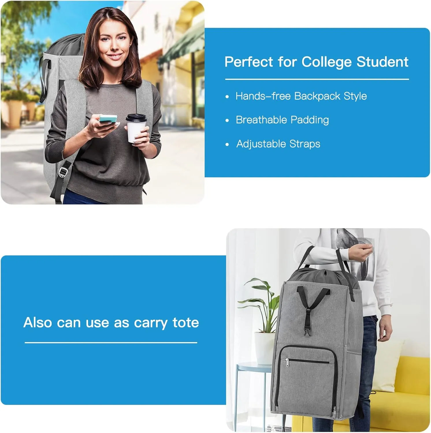 Bukere Laundry Backpack Bag, Extra Large 90L Laundry Tote for College Students Dorm Essentials, Adjustable Shoulder Straps, Portable Laundry Hamper Basket for Apartment, Laundromat, Travel