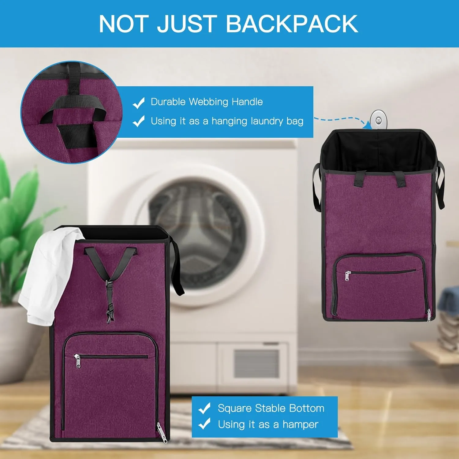Bukere Laundry Tote Basket, Laundry Backpack Bag for Guys Girls Boys, Collapsible Laundry Hamper for College Dorm Essentials, Portable Laundry Bag for Nursery, Bathroom, Bedroom, Swimming Pool