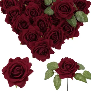 Burgundy Roses 16pcs Velvet Artificial Roses Maroon Flowers 3.15" Silk Roses for Bridal Bouquet Wedding Flowers for Floral Centerpieces Home Party Decor (Burgundy)