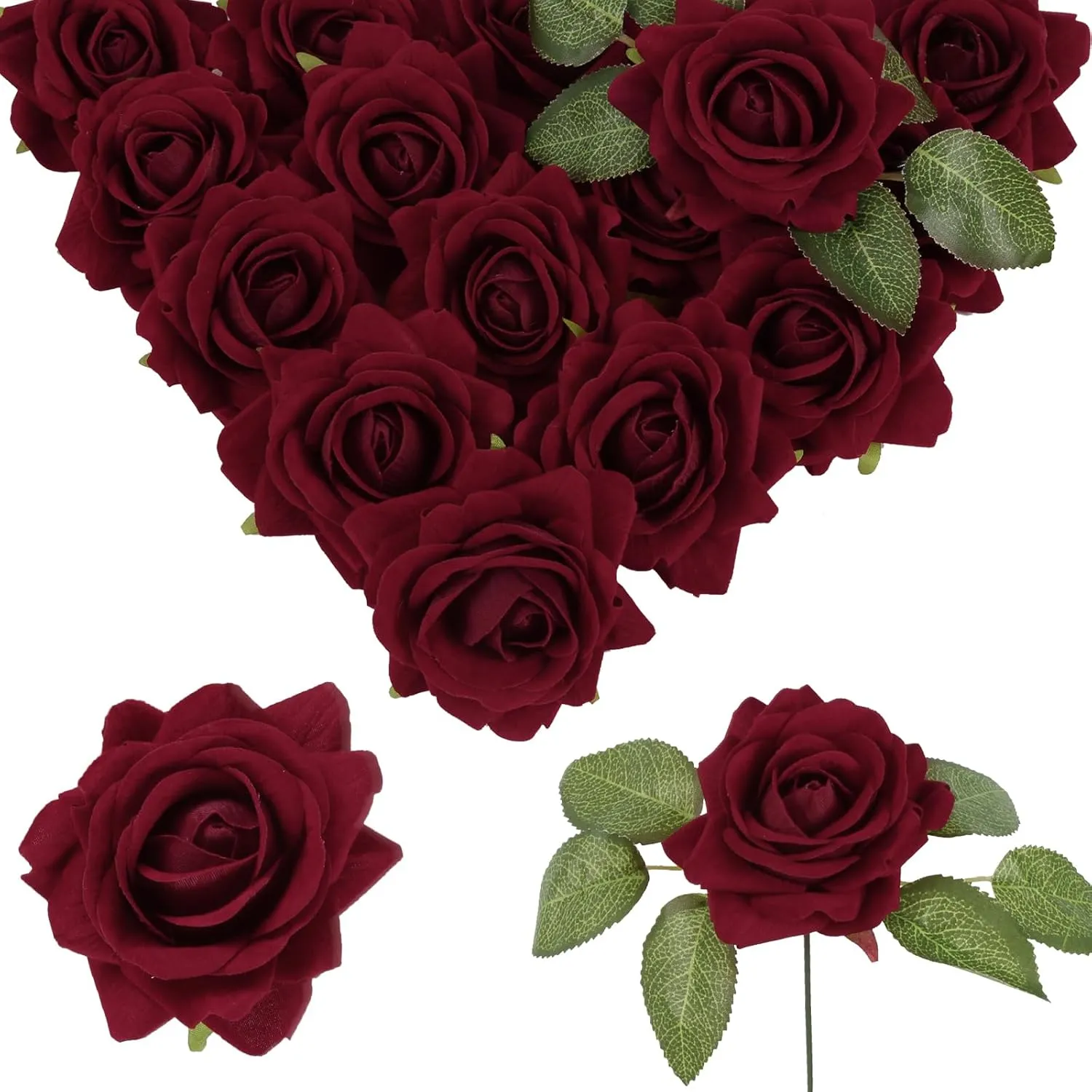 Burgundy Roses 16pcs Velvet Artificial Roses Maroon Flowers 3.15" Silk Roses for Bridal Bouquet Wedding Flowers for Floral Centerpieces Home Party Decor (Burgundy)
