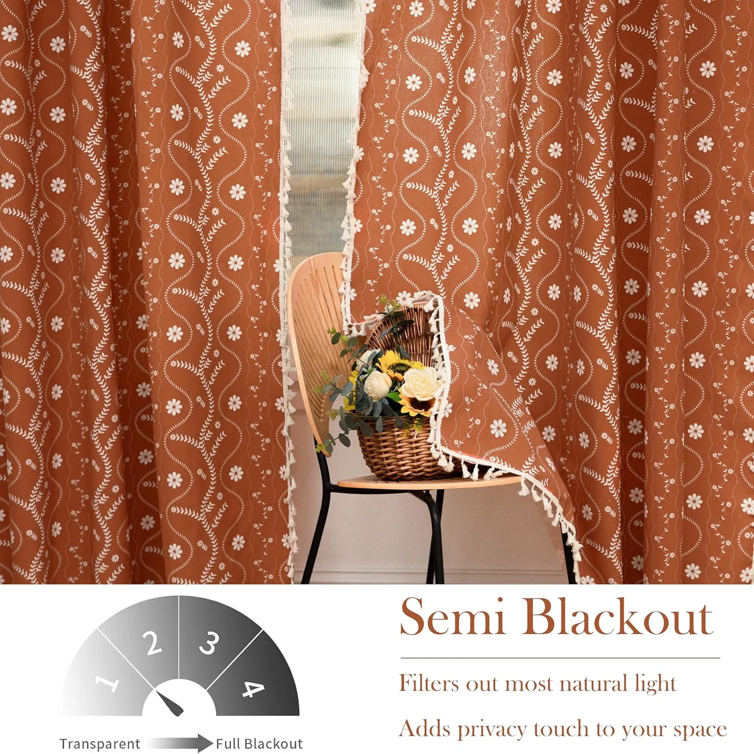 Burnt Orange Floral Linen Curtains for Living Room Boho Sheer Farmhouse Curtains with Tassel for Bedroom 63 Inch Length 2 Panels Set, 52" W x 63" L