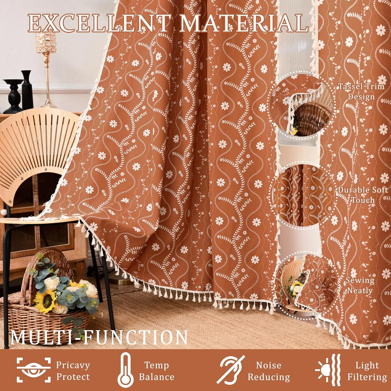 Burnt Orange Floral Linen Curtains for Living Room Boho Sheer Farmhouse Curtains with Tassel for Bedroom 63 Inch Length 2 Panels Set, 52" W x 63" L
