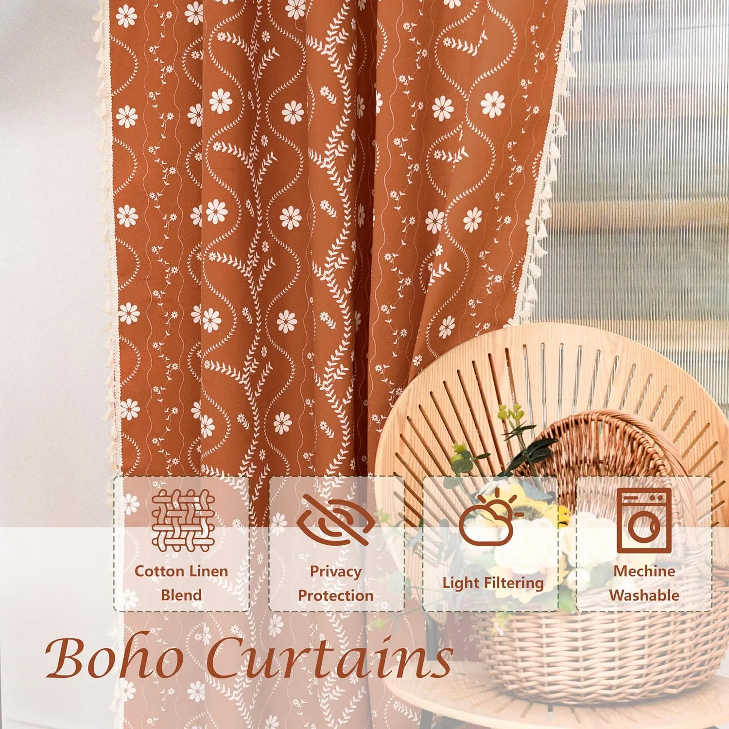 Burnt Orange Floral Linen Curtains for Living Room Boho Sheer Farmhouse Curtains with Tassel for Bedroom 63 Inch Length 2 Panels Set, 52" W x 63" L