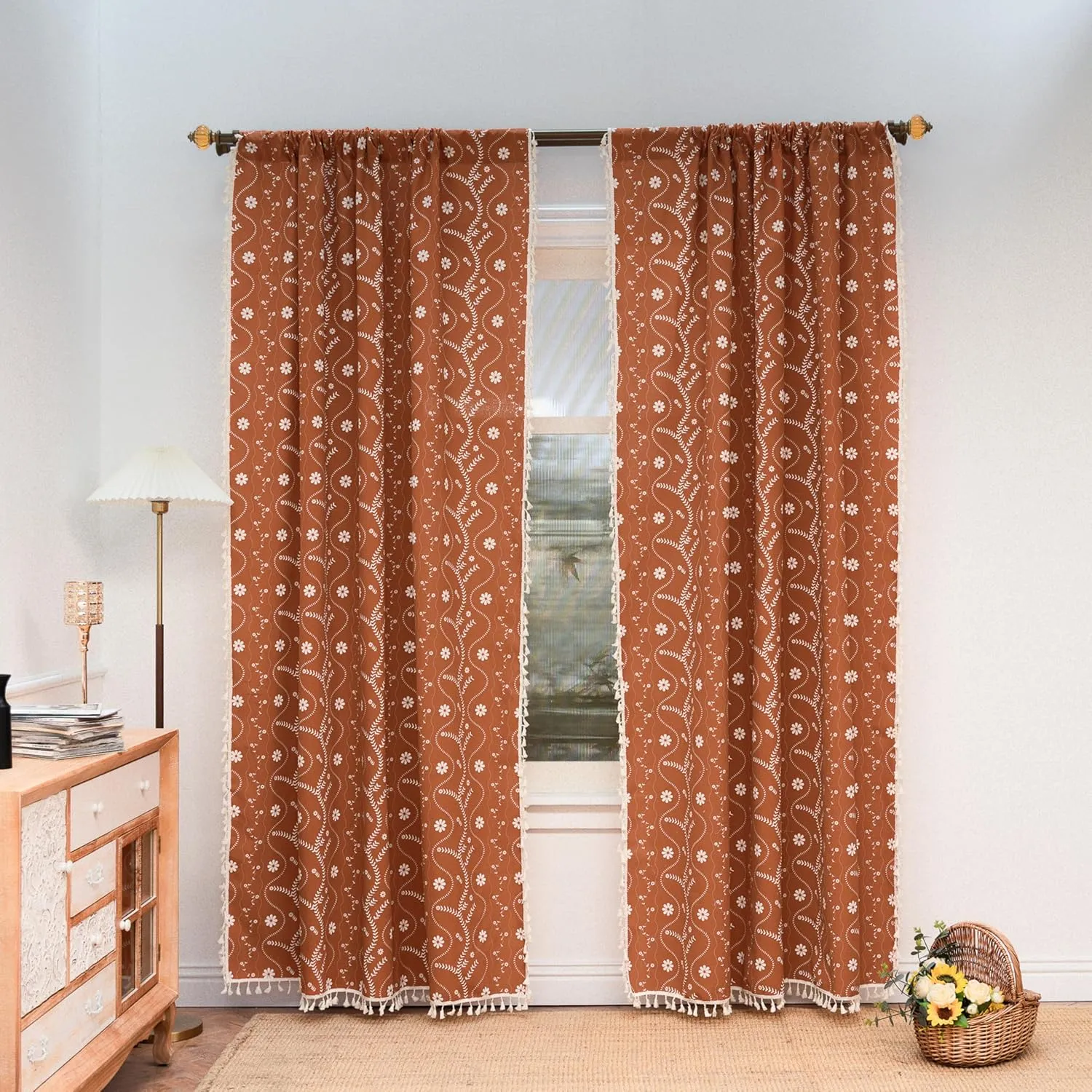 Burnt Orange Floral Linen Curtains for Living Room Boho Sheer Farmhouse Curtains with Tassel for Bedroom 63 Inch Length 2 Panels Set, 52" W x 63" L
