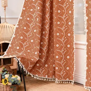 Burnt Orange Floral Linen Curtains for Living Room Boho Sheer Farmhouse Curtains with Tassel for Bedroom 63 Inch Length 2 Panels Set, 52" W x 63" L