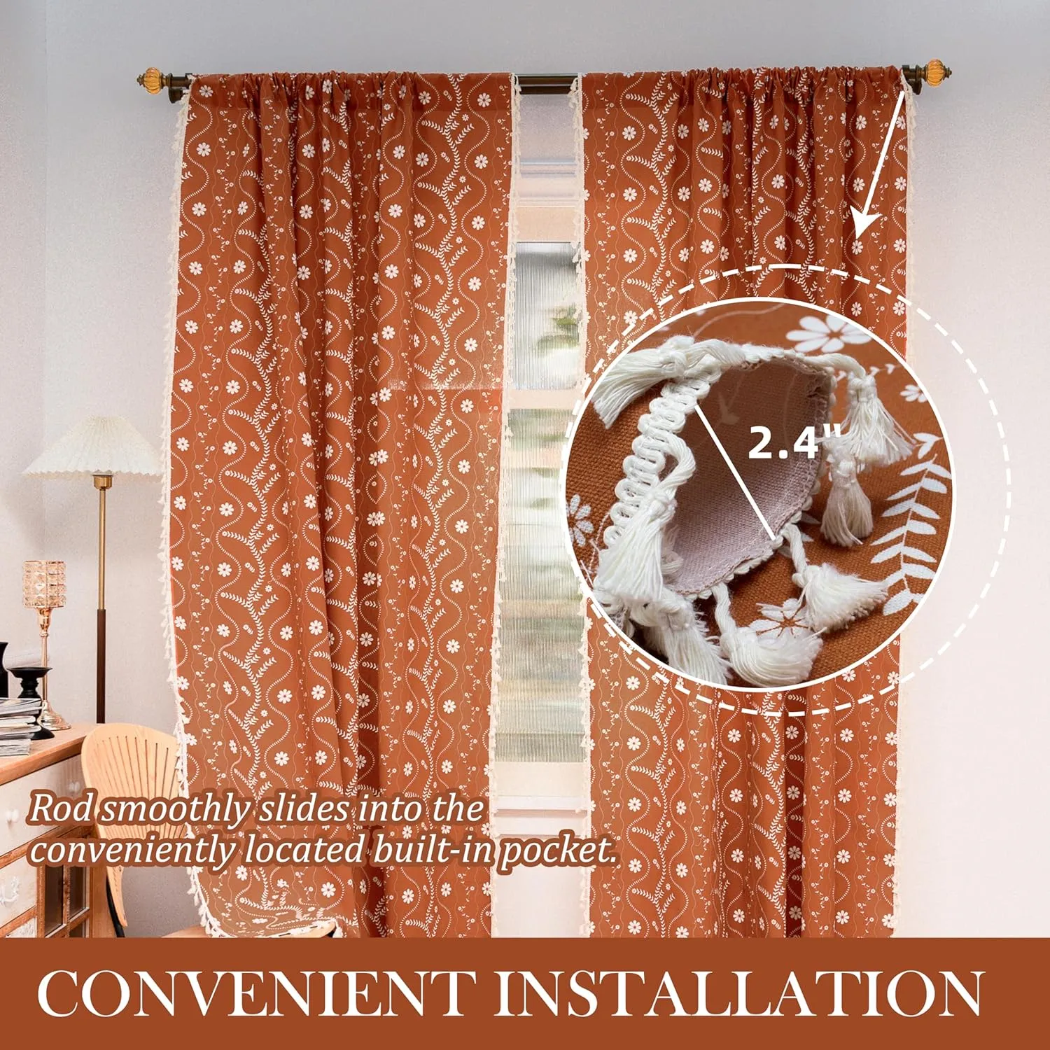 Burnt Orange Floral Linen Curtains for Living Room Boho Sheer Farmhouse Curtains with Tassel for Bedroom 63 Inch Length 2 Panels Set, 52" W x 63" L