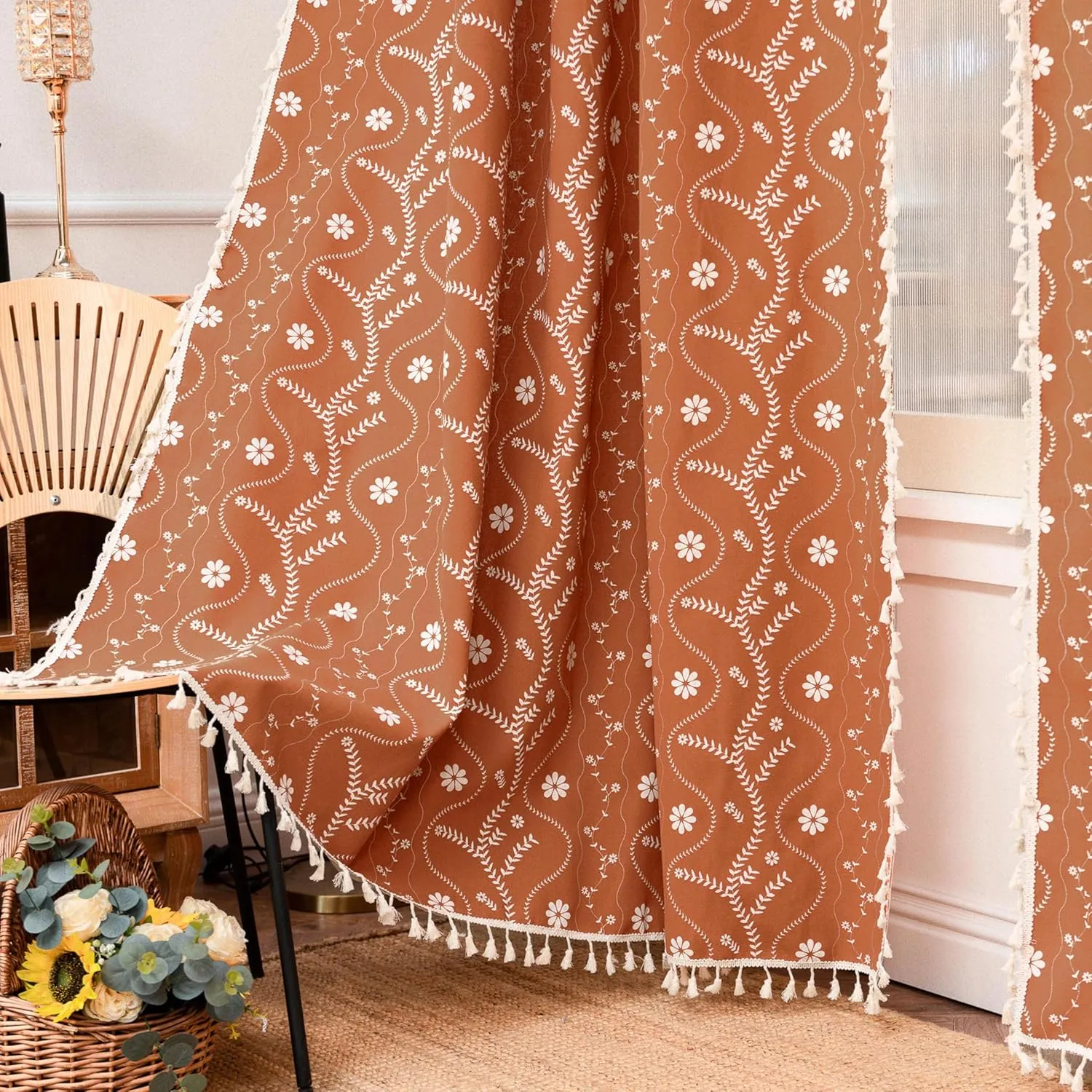 Burnt Orange Floral Linen Curtains for Living Room Boho Sheer Farmhouse Curtains with Tassel for Bedroom 63 Inch Length 2 Panels Set, 52" W x 63" L