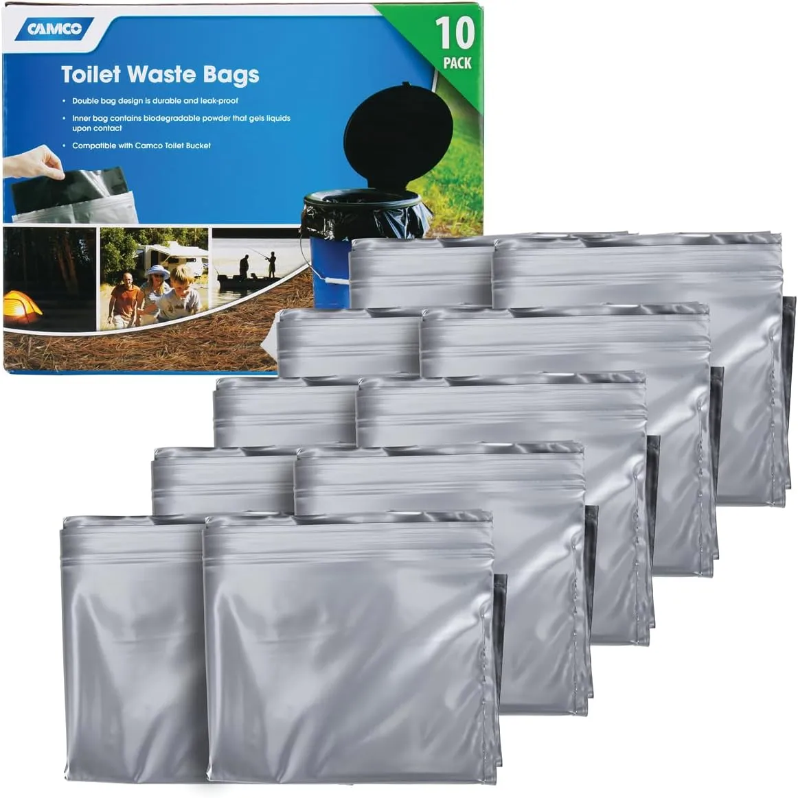 Camco Toilet Waste Bags - Features Biodegradable Powder & Leak Proof Double Bag Design - Great for Camping, RVing, Hiking, or Boating - 10-Pack (41548)
