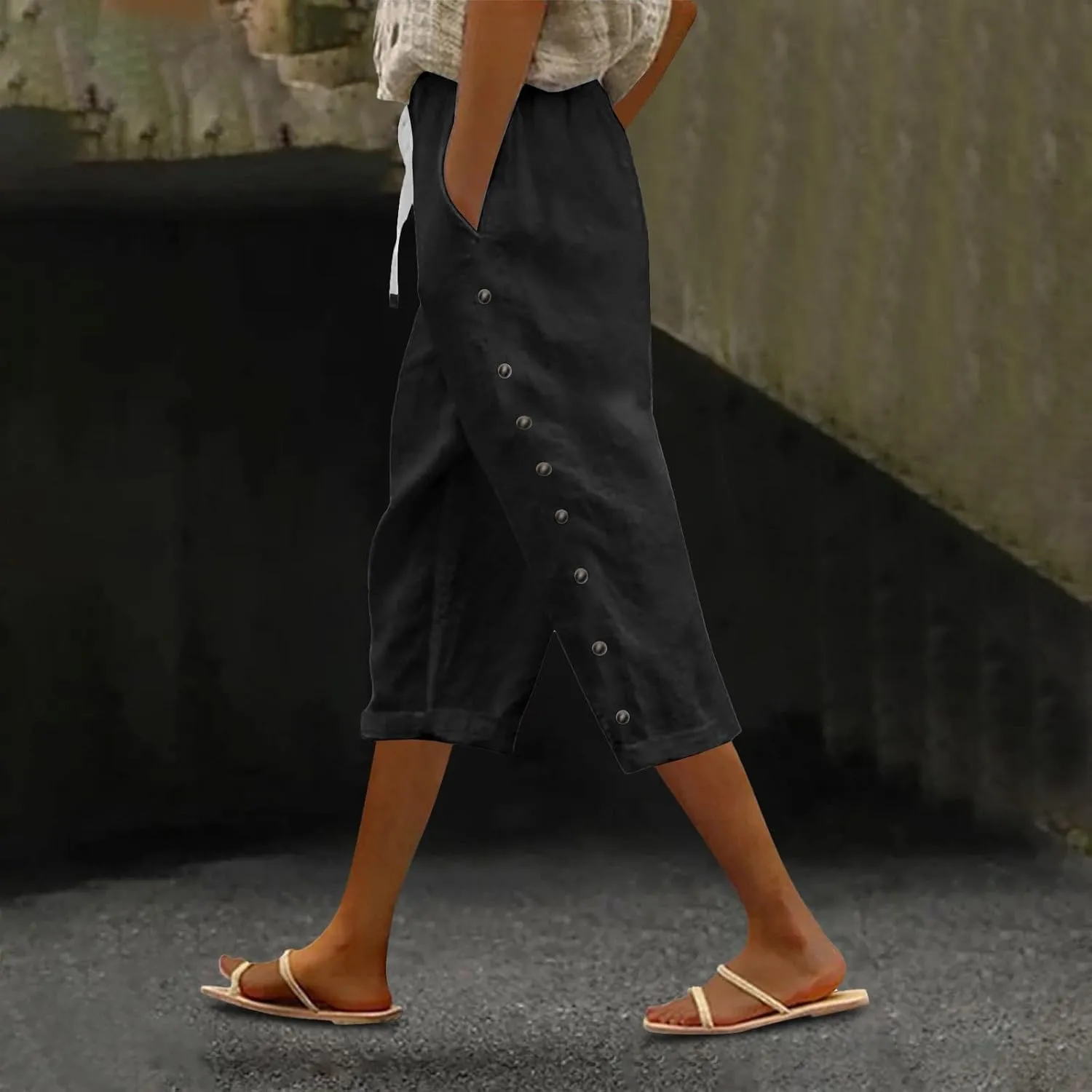 Capri Linen Pants for Women Drawstring Capri Pants with Pockets Wide Leg Cropped Pants for Capri Linen Pants for