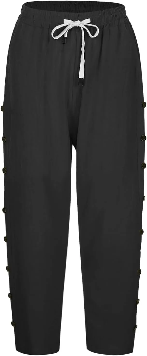 Capri Linen Pants for Women Drawstring Capri Pants with Pockets Wide Leg Cropped Pants for Capri Linen Pants for