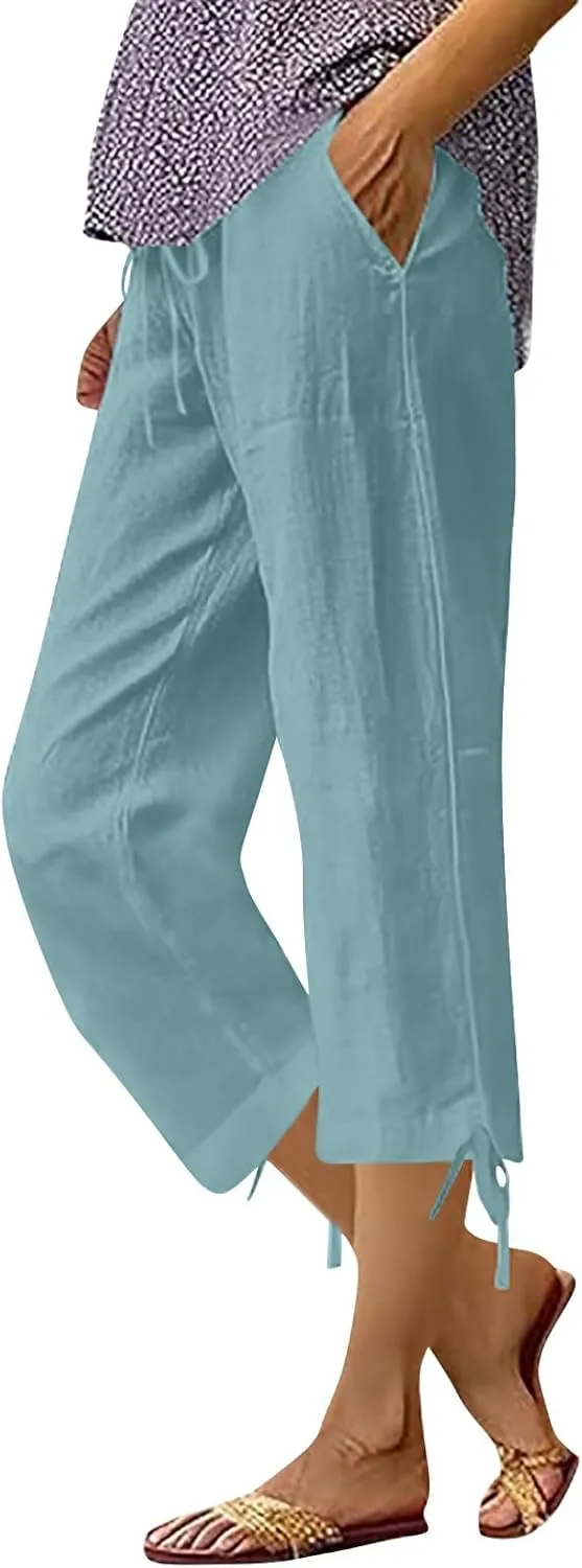 Capri Pants for Women 2025 Summer Cotton Drawstring Elastic High Waist Linen Pant Straight Wide Leg Cropped Trouser