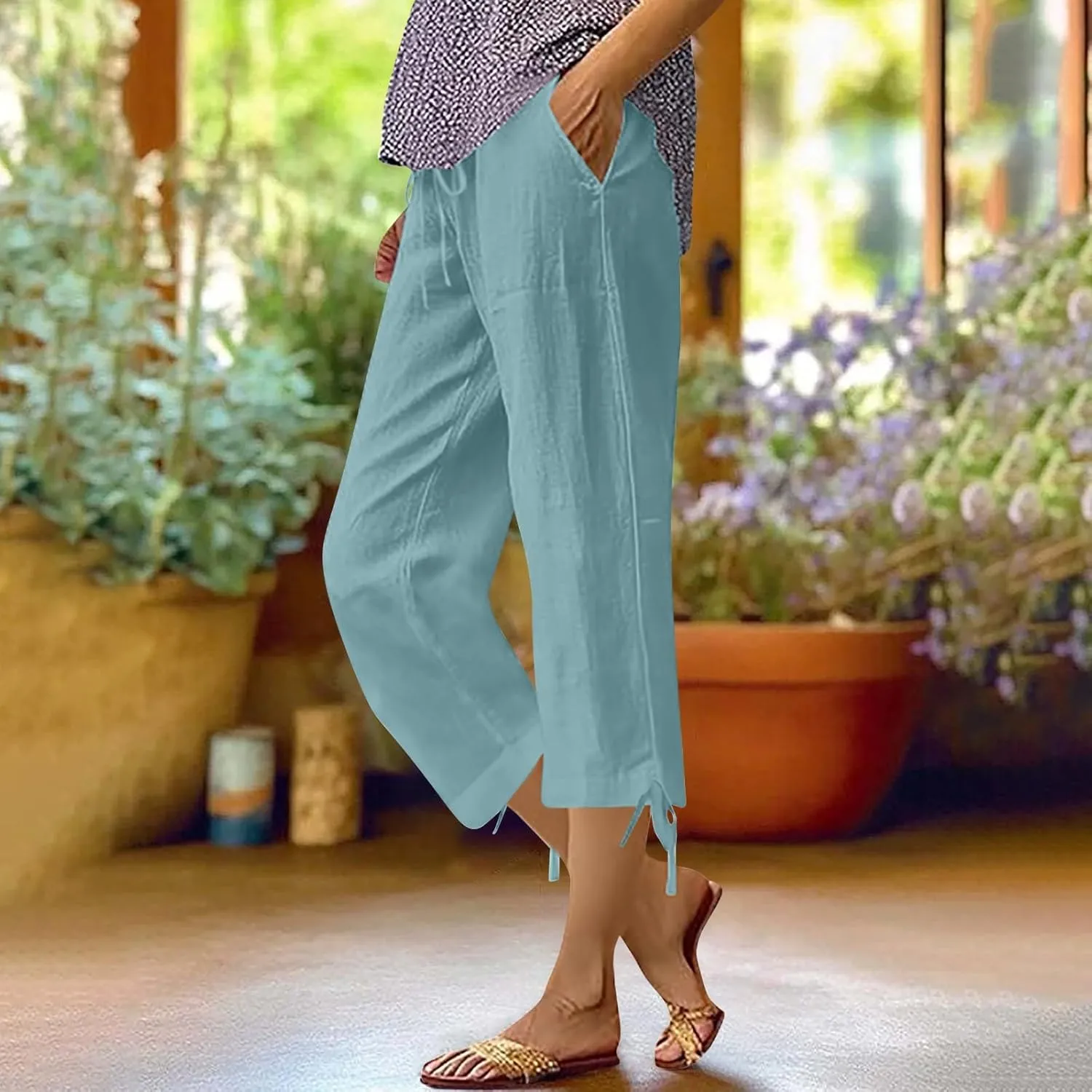 Capri Pants for Women 2025 Summer Cotton Drawstring Elastic High Waist Linen Pant Straight Wide Leg Cropped Trouser