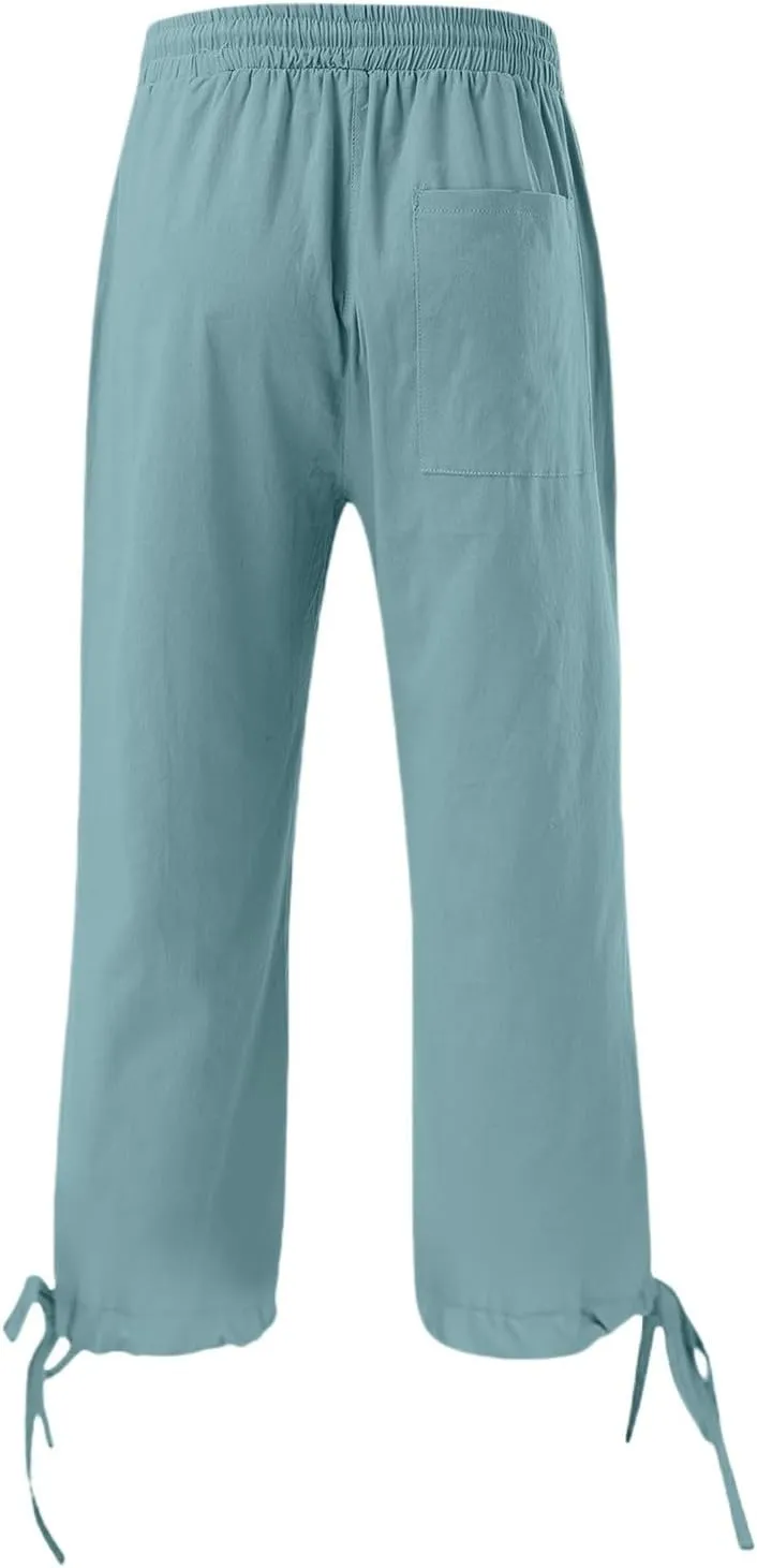 Capri Pants for Women 2025 Summer Cotton Drawstring Elastic High Waist Linen Pant Straight Wide Leg Cropped Trouser