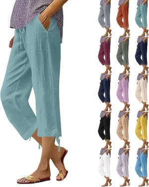 Capri Pants for Women 2025 Summer Cotton Drawstring Elastic High Waist Linen Pant Straight Wide Leg Cropped Trouser