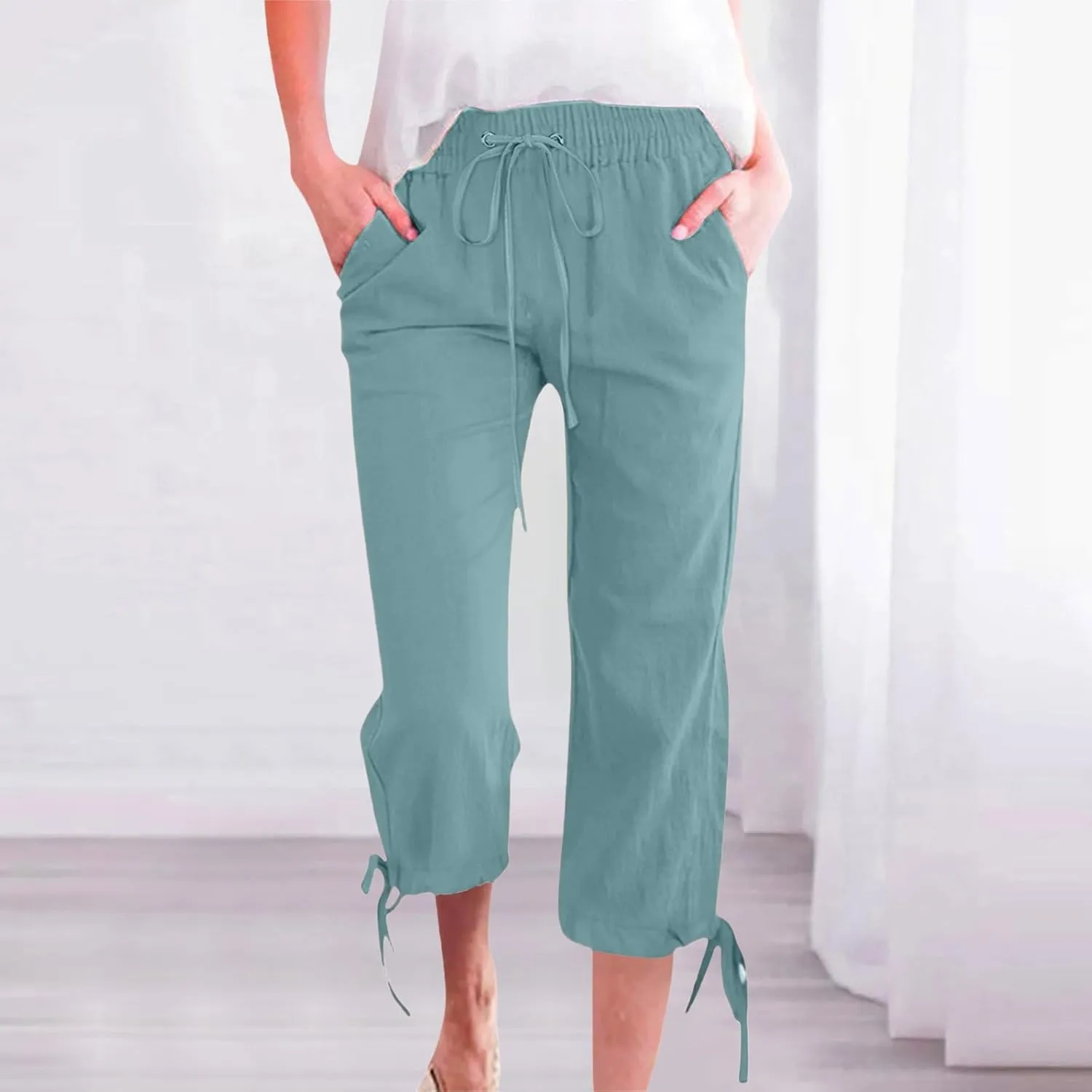 Capri Pants for Women 2025 Summer Cotton Drawstring Elastic High Waist Linen Pant Straight Wide Leg Cropped Trouser