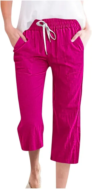 Capri Pants for Women Casual 2025 Summer Drawstring Elastic High Waist Candy Linen Pant Straight Wide Leg Cropped