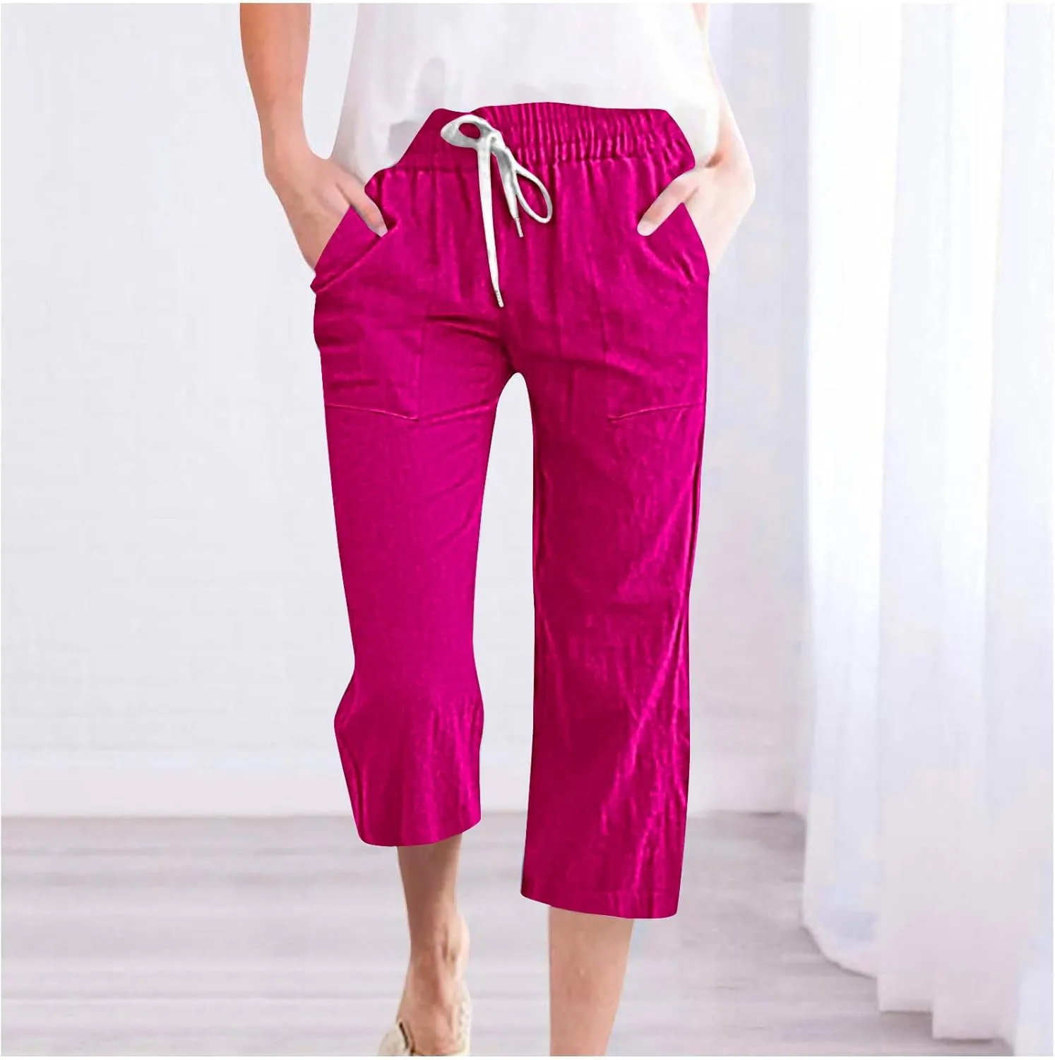 Capri Pants for Women Casual 2025 Summer Drawstring Elastic High Waist Candy Linen Pant Straight Wide Leg Cropped