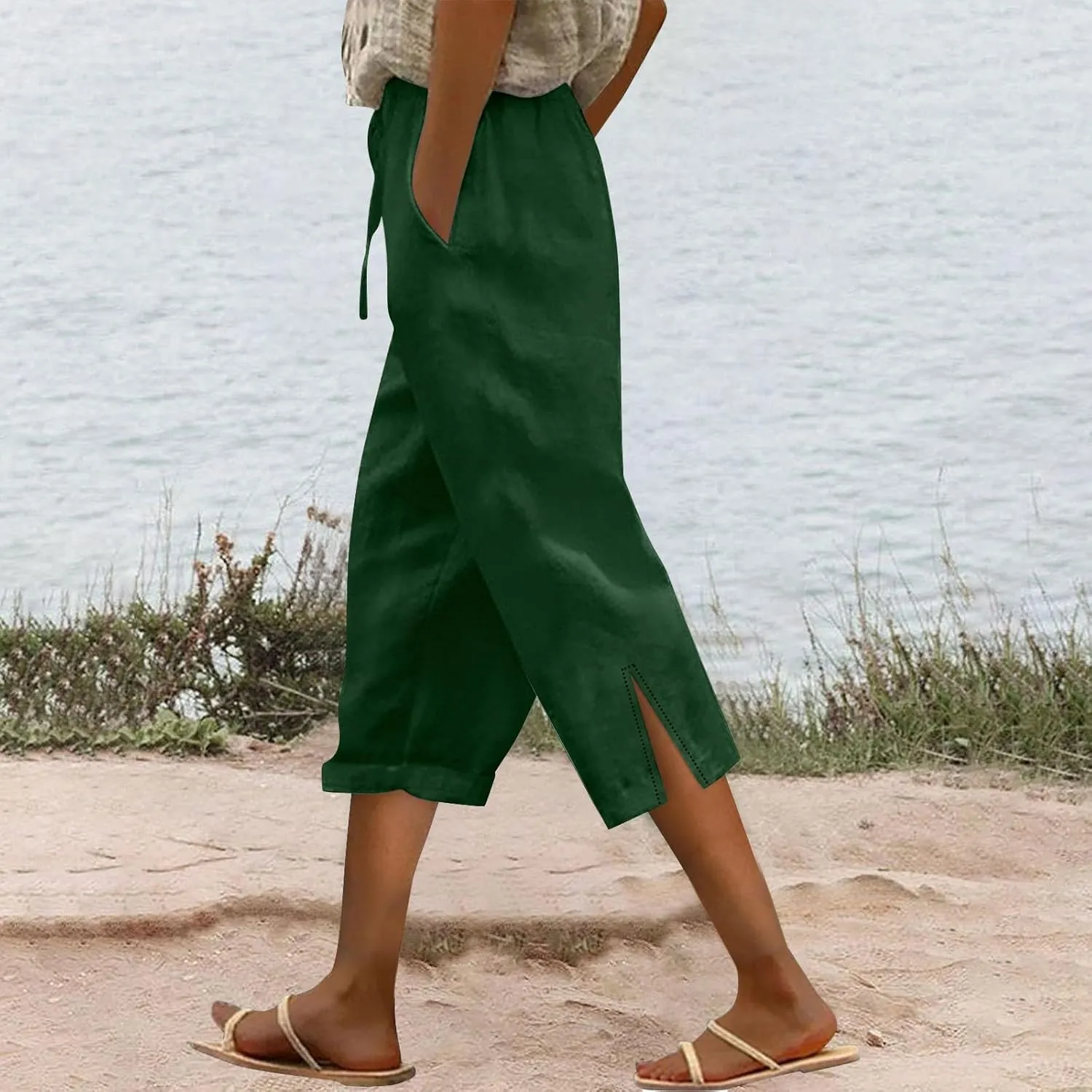 Capris Pants for Women Linen Casual Summer 2025 Wide Leg Cropped Pants Drawstring Elastic Waist Cropped Trouser with Pockets