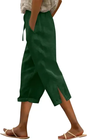 Capris Pants for Women Linen Casual Summer 2025 Wide Leg Cropped Pants Drawstring Elastic Waist Cropped Trouser with Pockets