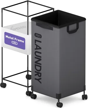 Caroeas Next-Gen 105L Matel Frame Laundry Basket with wheels, Heavy Duty Tall Rolling Laundry Hamper with Removable Wash Bag, Collapsible Freestanding Clothes Hamper For Laundry Room (100L,Grey,1Pack)