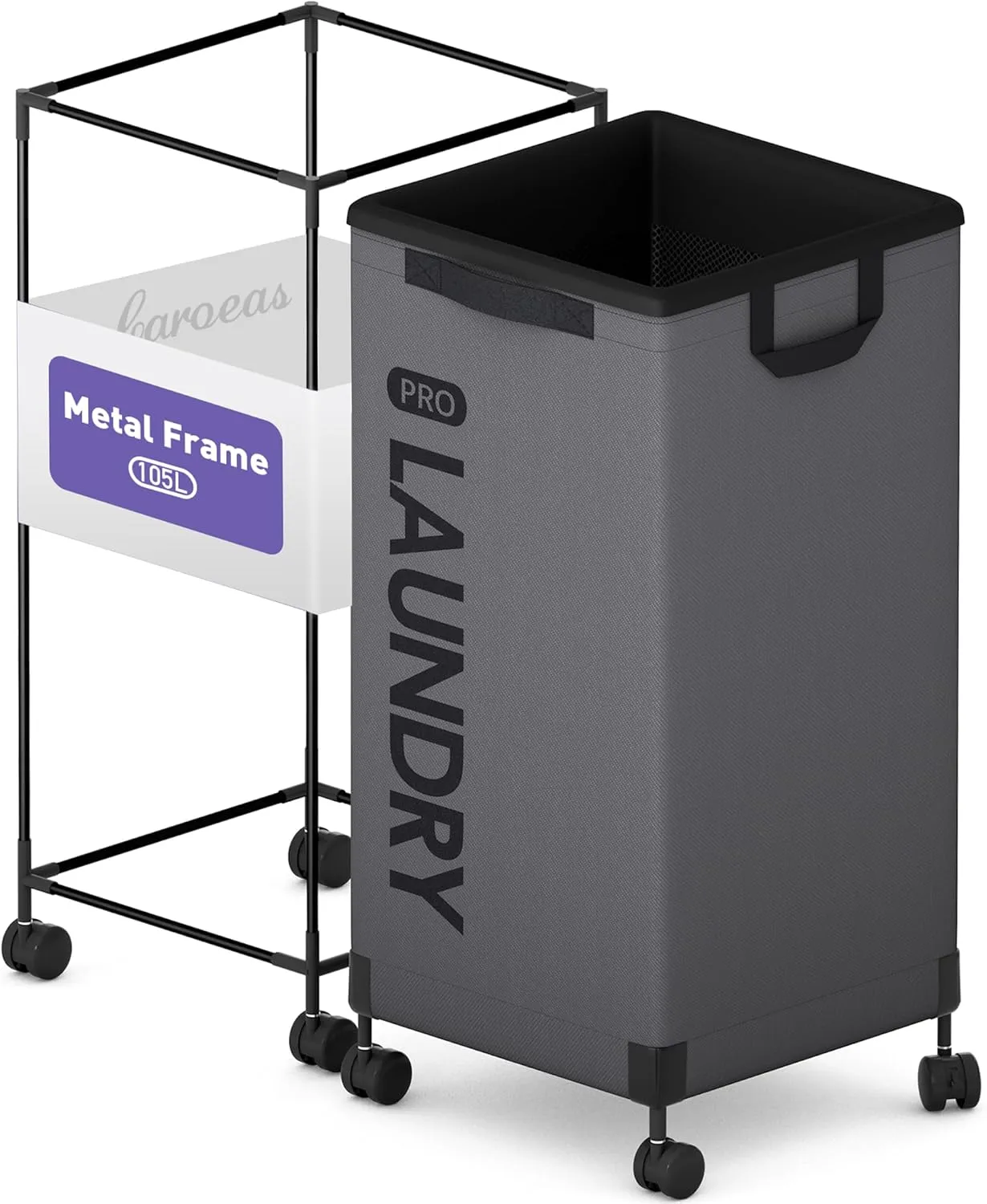 Caroeas Next-Gen 105L Matel Frame Laundry Basket with wheels, Heavy Duty Tall Rolling Laundry Hamper with Removable Wash Bag, Collapsible Freestanding Clothes Hamper For Laundry Room (100L,Grey,1Pack)