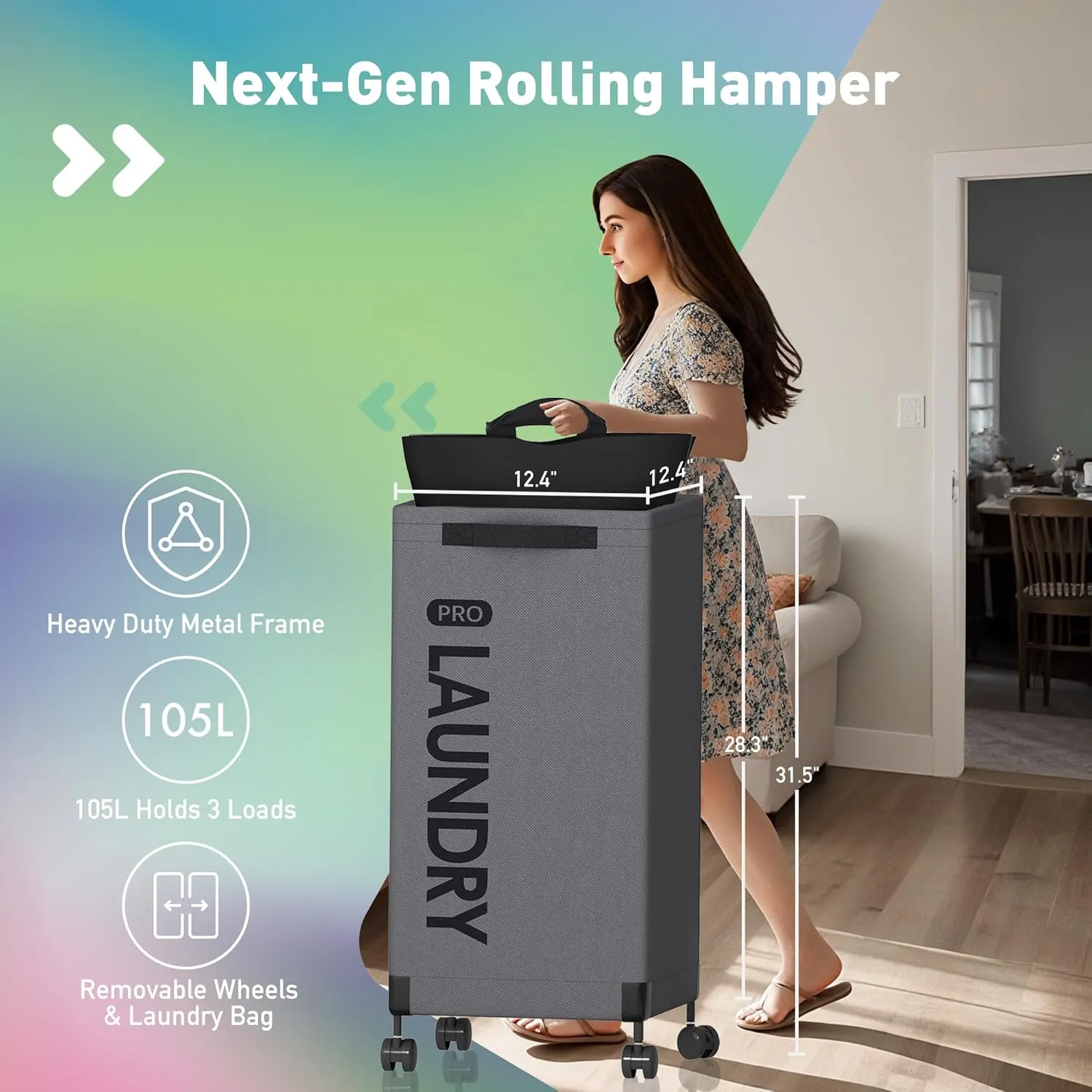 Caroeas Next-Gen 105L Matel Frame Laundry Basket with wheels, Heavy Duty Tall Rolling Laundry Hamper with Removable Wash Bag, Collapsible Freestanding Clothes Hamper For Laundry Room (100L,Grey,1Pack)