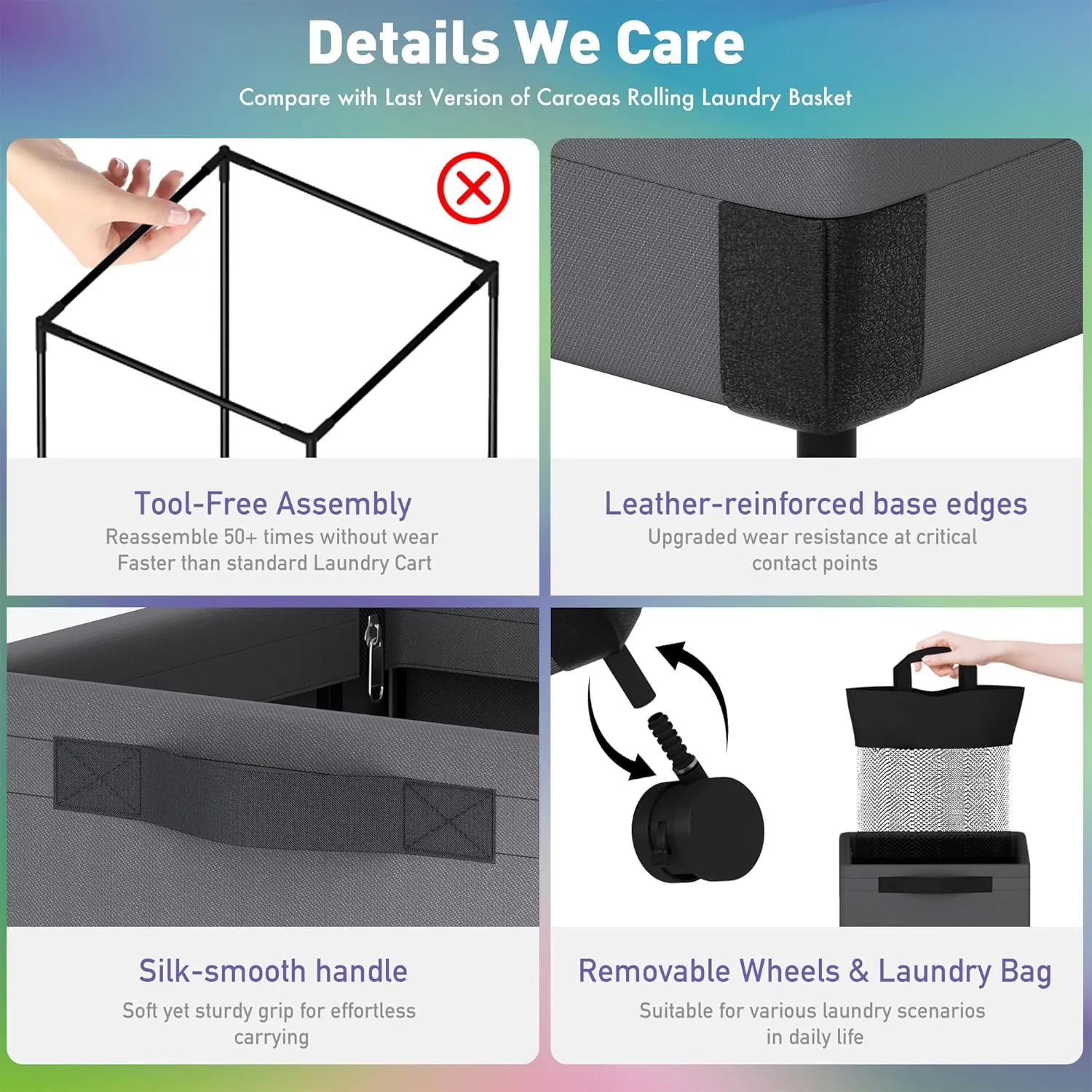 Caroeas Next-Gen 105L Matel Frame Laundry Basket with wheels, Heavy Duty Tall Rolling Laundry Hamper with Removable Wash Bag, Collapsible Freestanding Clothes Hamper For Laundry Room (100L,Grey,1Pack)