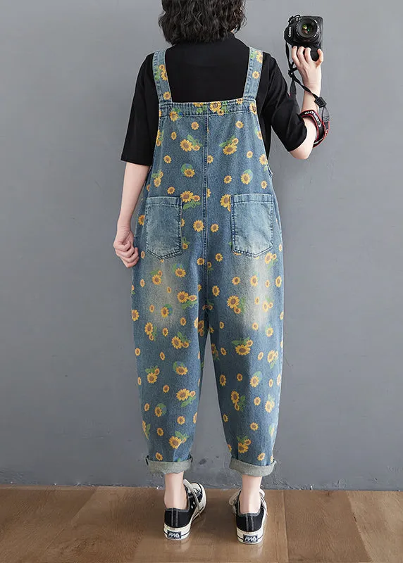 Casual Blue Daisy Patchwork Pockets Denim Jumpsuit