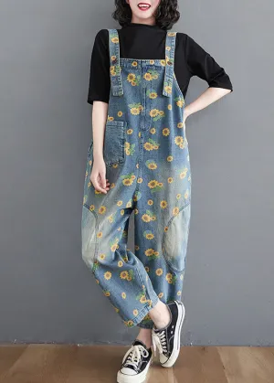 Casual Blue Daisy Patchwork Pockets Denim Jumpsuit
