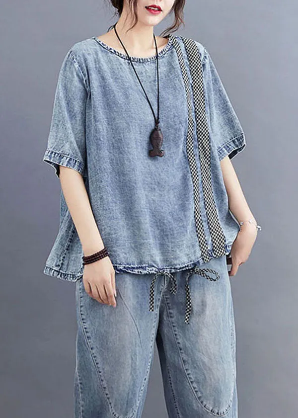Casual Blue O Neck Plaid Patchwork Denim T Shirt Top