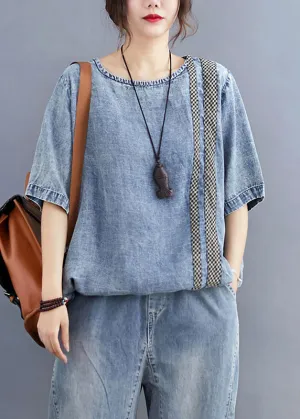 Casual Blue O Neck Plaid Patchwork Denim T Shirt Top