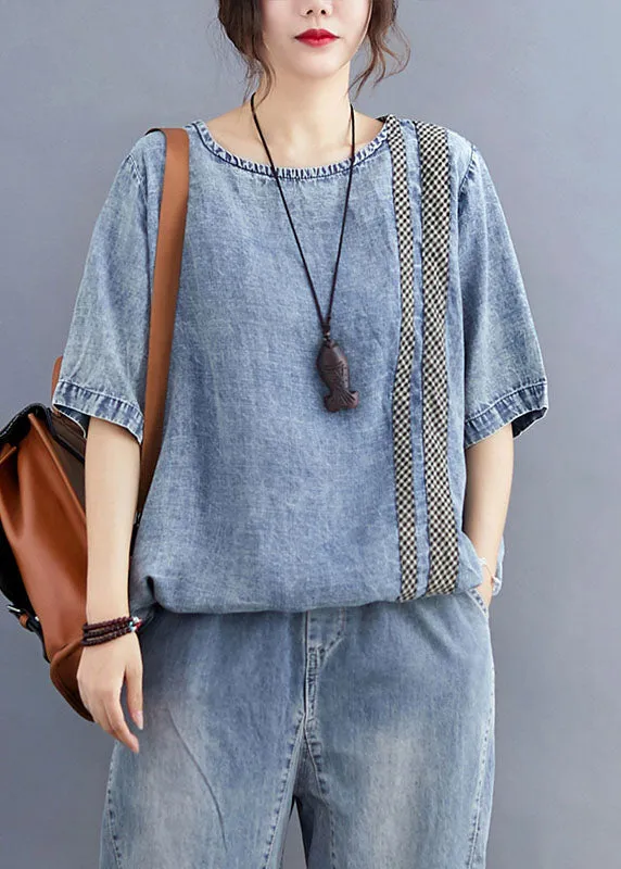 Casual Blue O Neck Plaid Patchwork Denim T Shirt Top