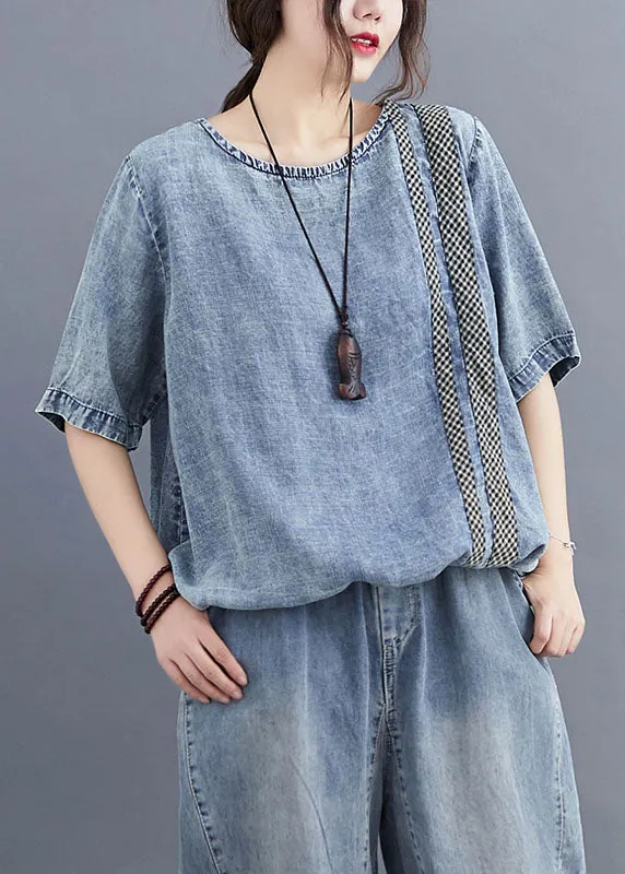Casual Blue O Neck Plaid Patchwork Denim T Shirt Top
