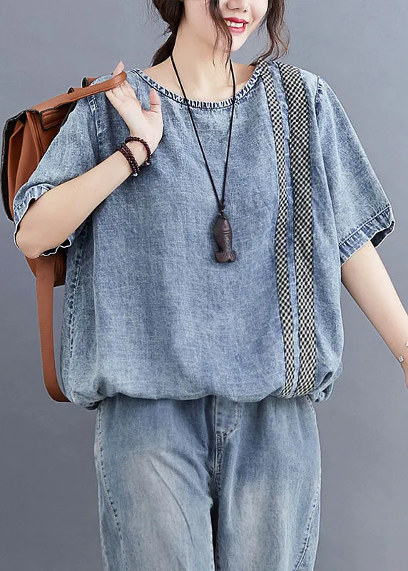 Casual Blue O Neck Plaid Patchwork Denim T Shirt Top