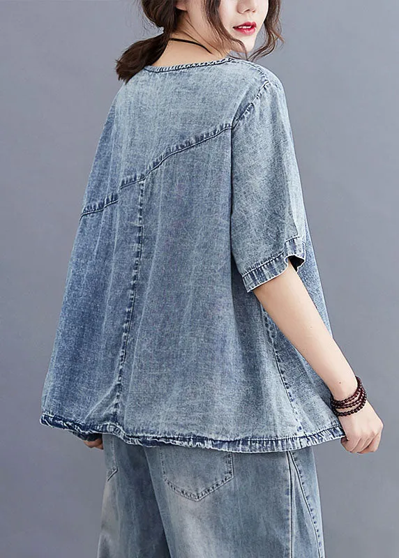 Casual Blue O Neck Plaid Patchwork Denim T Shirt Top