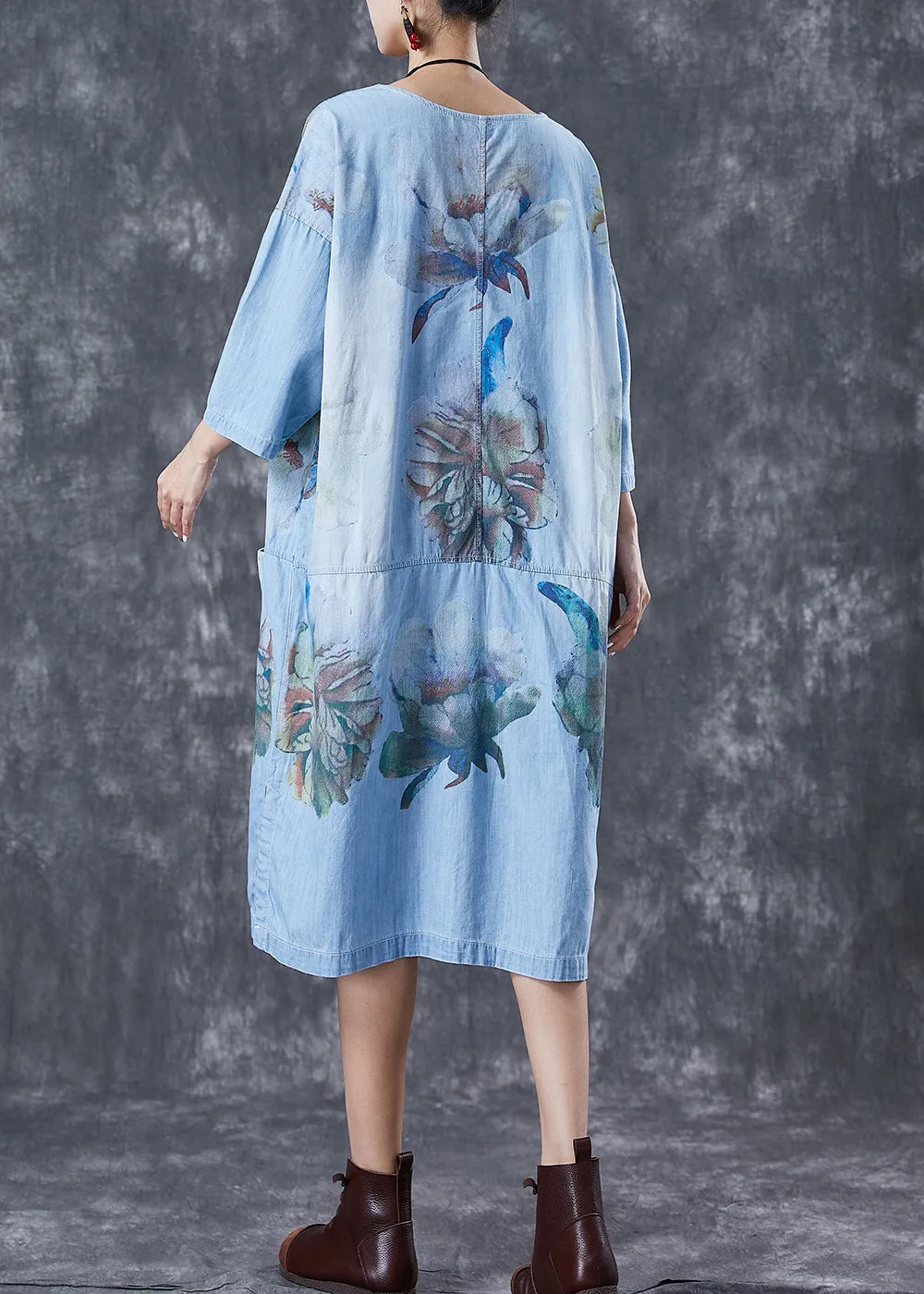 Casual Blue Oversized Patchwork Pockets Denim Party Dress