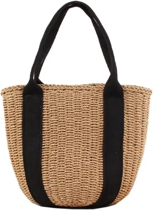 Casual Straw Bag Natural Tote Bag Women Handbag Braided Garden Bag Rattan Handwoven Bucket Hand Worn Straw Bag Black Canvas Summer Holiday Beach Bag Retro, brown, 28*22*15 cm