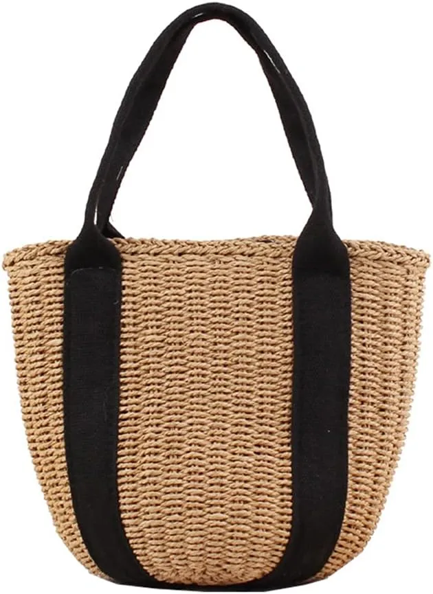 Casual Straw Bag Natural Tote Bag Women Handbag Braided Garden Bag Rattan Handwoven Bucket Hand Worn Straw Bag Black Canvas Summer Holiday Beach Bag Retro, brown, 28*22*15 cm