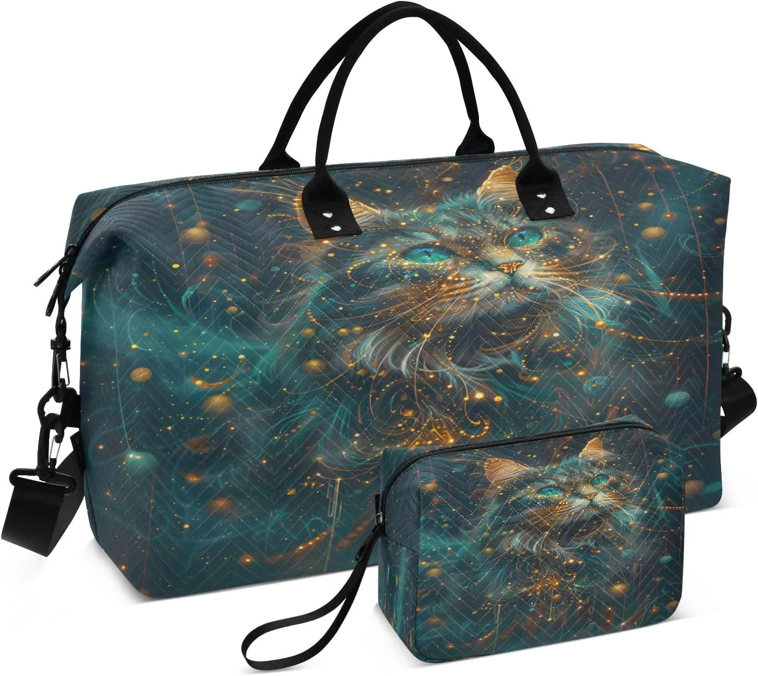 Cat Travel Duffle Bag Gym Bag, Elaborate Dream Cat Weekender Bags for Women with Toiletry Bag Travel Tote Bag Swim Bag