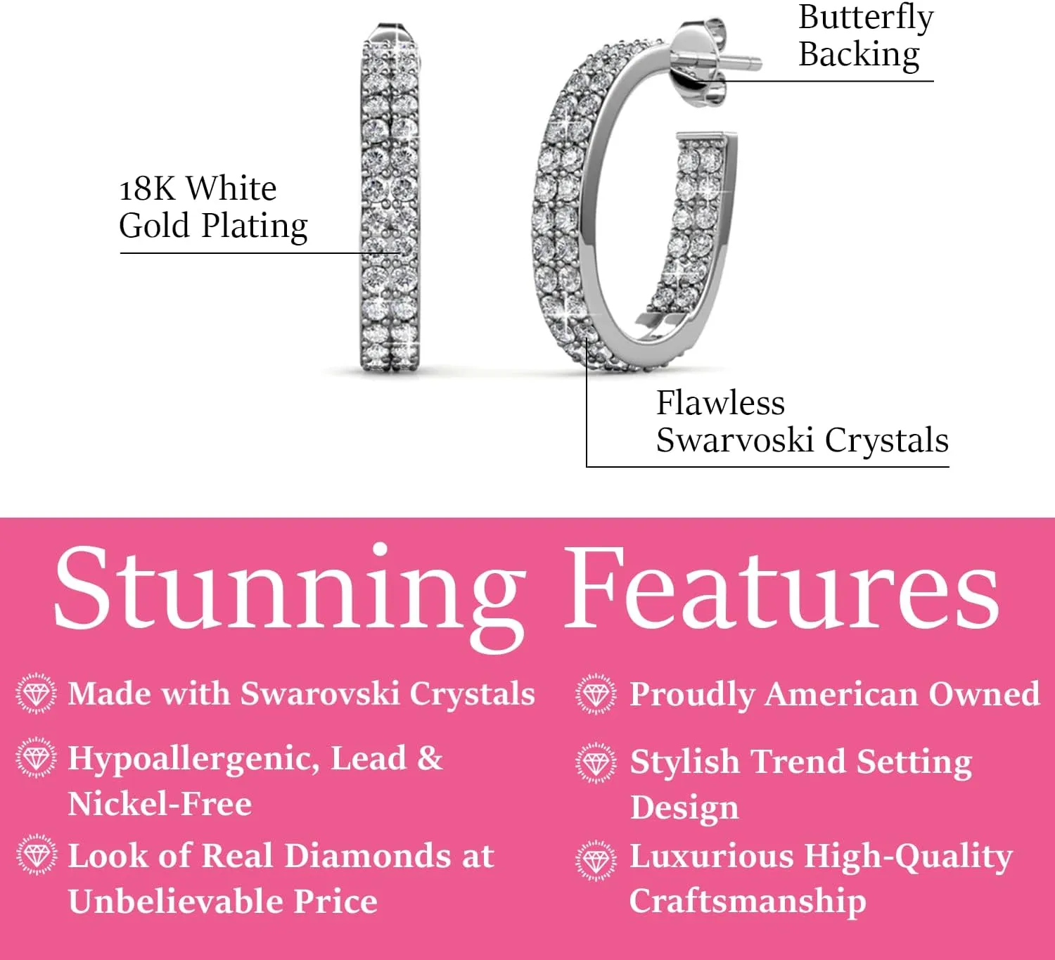 Cate & Chloe Grace White Gold Hoop Earrings, 18k Hoops with Crystals, Sparkling Silver Hoops Earring Set with Round Cut Diamond Crystals, Wedding Anniversary Jewelry